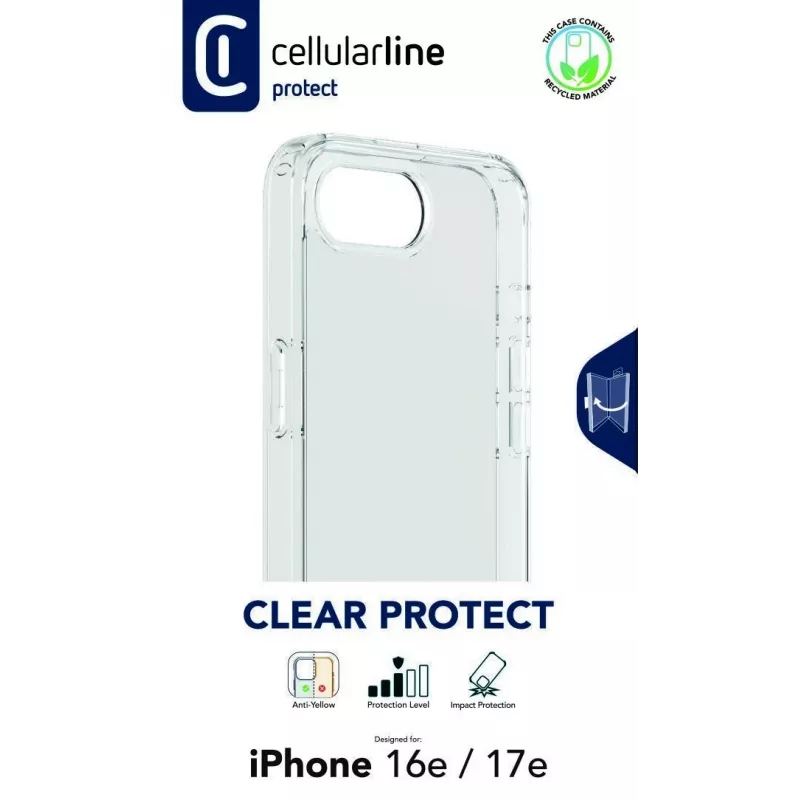 Cellularline Clear Protect – kietas dėklas iPhone 16e/17e su guminiais kraštais