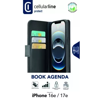 Cellularline Book Agenda dėklas iPhone 16e/17e – odos efekto knygelė su magnetiniu užsegimu