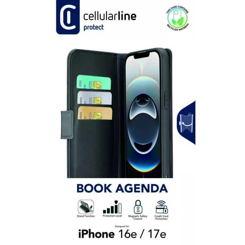 Cellularline Book Agenda dėklas iPhone 16e/17e – odos efekto knygelė su magnetiniu užsegimu