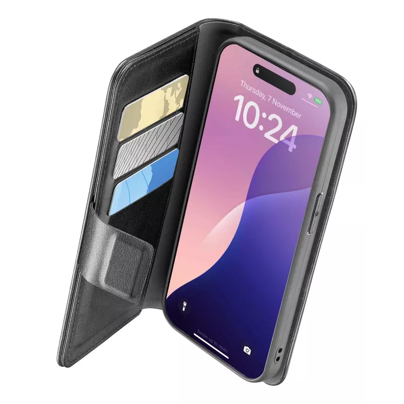 Cellularline Book Agenda dėklas iPhone 16e/17e – odos efekto knygelė su magnetiniu užsegimu