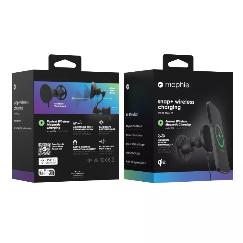 mophie Snap+ belaidis automobilinis įkroviklis ventiliacijos grotelėms, juodas