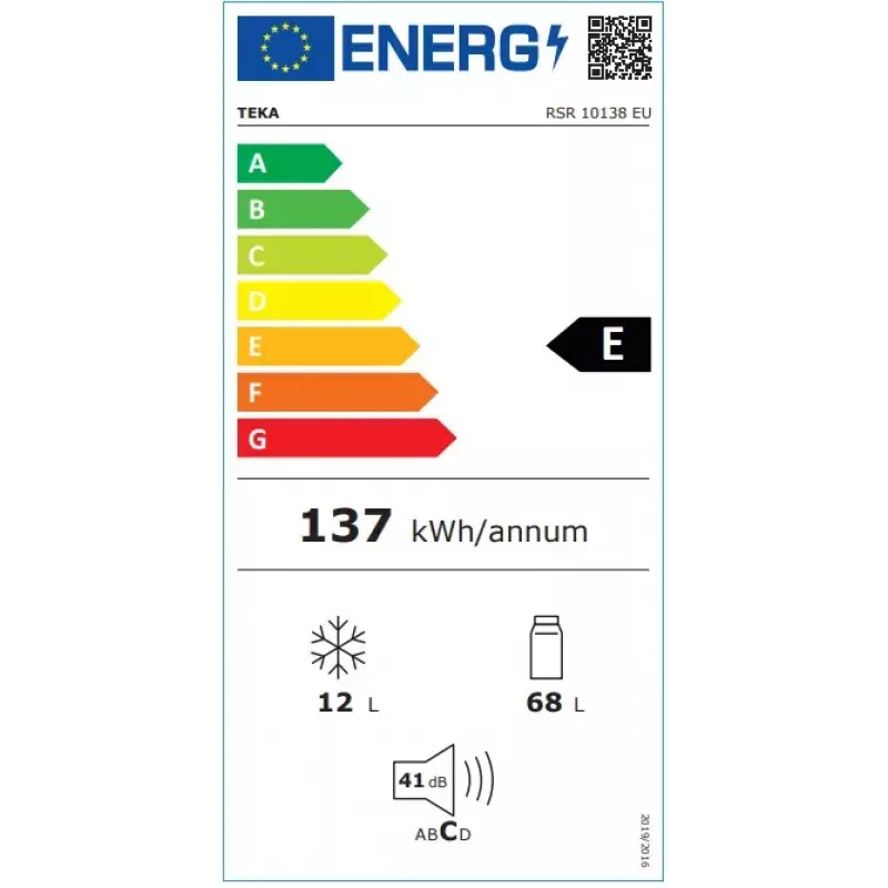 Laisvai pastatomas šaldytuvas TEKA RSR 10138, 80 L bendras (68 L šaldytuvas, 12 L šaldiklis), inverter kompresorius, baltas