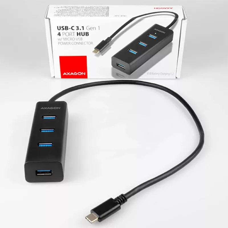 Axagon HUE-S2C USB 3.2 Gen 1 Type-A 4 prievadų sąsajų centras, 5000 Mbit/s, juodas