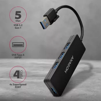 Axagon SuperSpeed USB SLIM 4 prievadų USB 3.2 Gen 1 šakotuvas, juodas