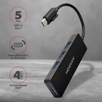 Axagon SuperSpeed USB-C SLIM hub, USB 3.2 Gen 1 (3.1 Gen 1) Type-C, 4x USB 3.2 Gen 1 Type-A, 5000 Mbit/s, juodas, plastikas, 0,14 m