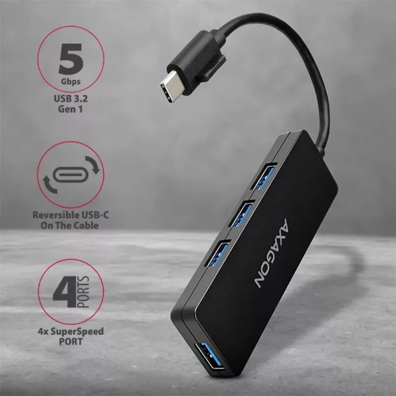 Axagon SuperSpeed USB-C SLIM hub, USB 3.2 Gen 1 (3.1 Gen 1) Type-C, 4x USB 3.2 Gen 1 Type-A, 5000 Mbit/s, juodas, plastikas, 0,14 m