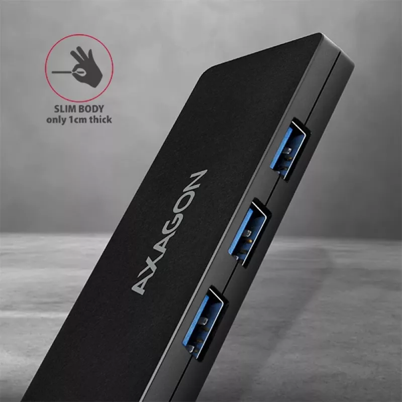 Axagon SuperSpeed USB-C SLIM hub, USB 3.2 Gen 1 (3.1 Gen 1) Type-C, 4x USB 3.2 Gen 1 Type-A, 5000 Mbit/s, juodas, plastikas, 0,14 m