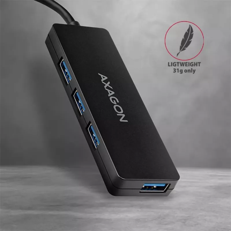 Axagon SuperSpeed USB-C SLIM hub, USB 3.2 Gen 1 (3.1 Gen 1) Type-C, 4x USB 3.2 Gen 1 Type-A, 5000 Mbit/s, juodas, plastikas, 0,14 m