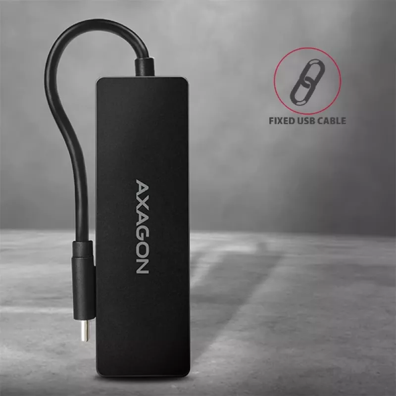 Axagon SuperSpeed USB-C SLIM hub, USB 3.2 Gen 1 (3.1 Gen 1) Type-C, 4x USB 3.2 Gen 1 Type-A, 5000 Mbit/s, juodas, plastikas, 0,14 m