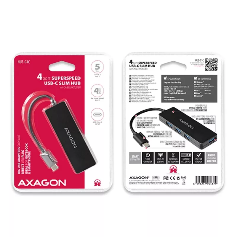 Axagon SuperSpeed USB-C SLIM hub, USB 3.2 Gen 1 (3.1 Gen 1) Type-C, 4x USB 3.2 Gen 1 Type-A, 5000 Mbit/s, juodas, plastikas, 0,14 m