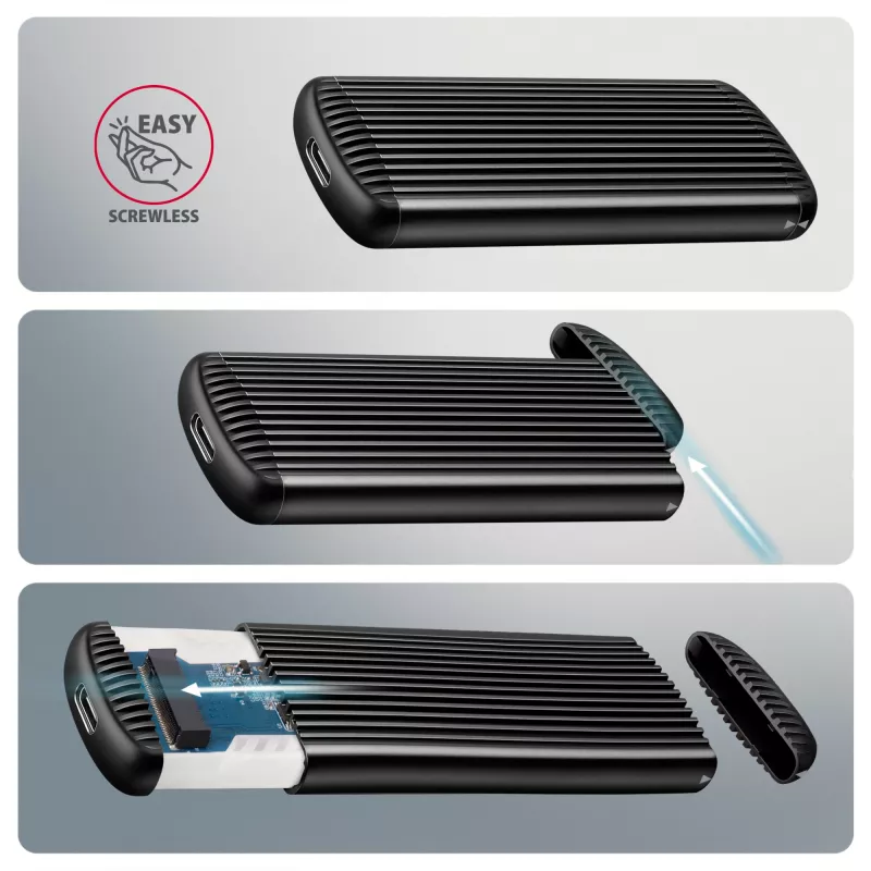 AXAGON EEM2-SC išorinis USB-C 10Gbps besraigtis metalinis M.2 NVMe SSD korpusas, vieno lizdo, pilkas