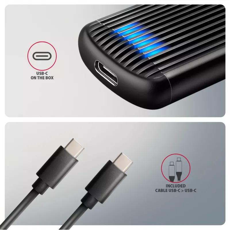 AXAGON EEM2-SC išorinis USB-C 10Gbps besraigtis metalinis M.2 NVMe SSD korpusas, vieno lizdo, pilkas