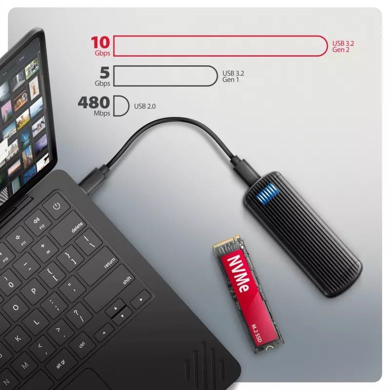 AXAGON EEM2-SC išorinis USB-C 10Gbps besraigtis metalinis M.2 NVMe SSD korpusas, vieno lizdo, pilkas