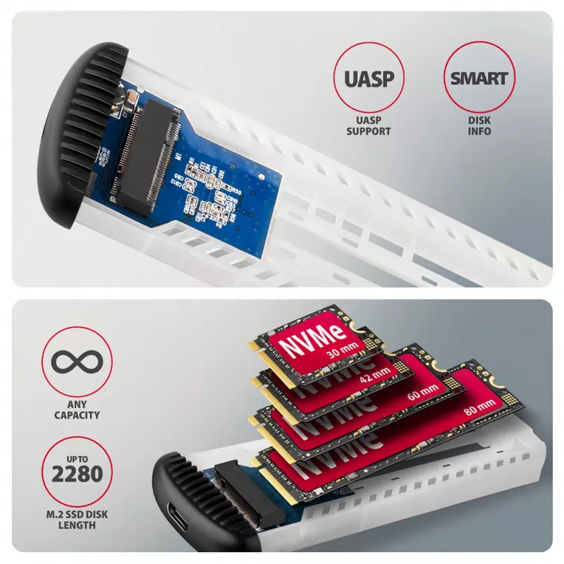 AXAGON EEM2-SC išorinis USB-C 10Gbps besraigtis metalinis M.2 NVMe SSD korpusas, vieno lizdo, pilkas