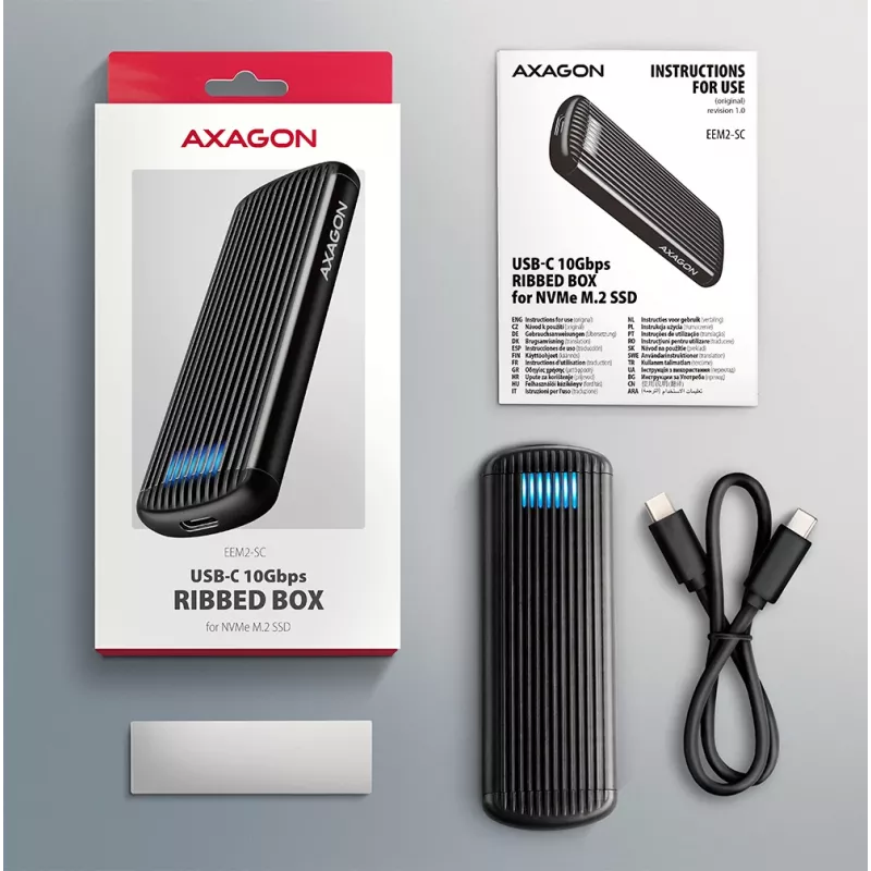 AXAGON EEM2-SC išorinis USB-C 10Gbps besraigtis metalinis M.2 NVMe SSD korpusas, vieno lizdo, pilkas