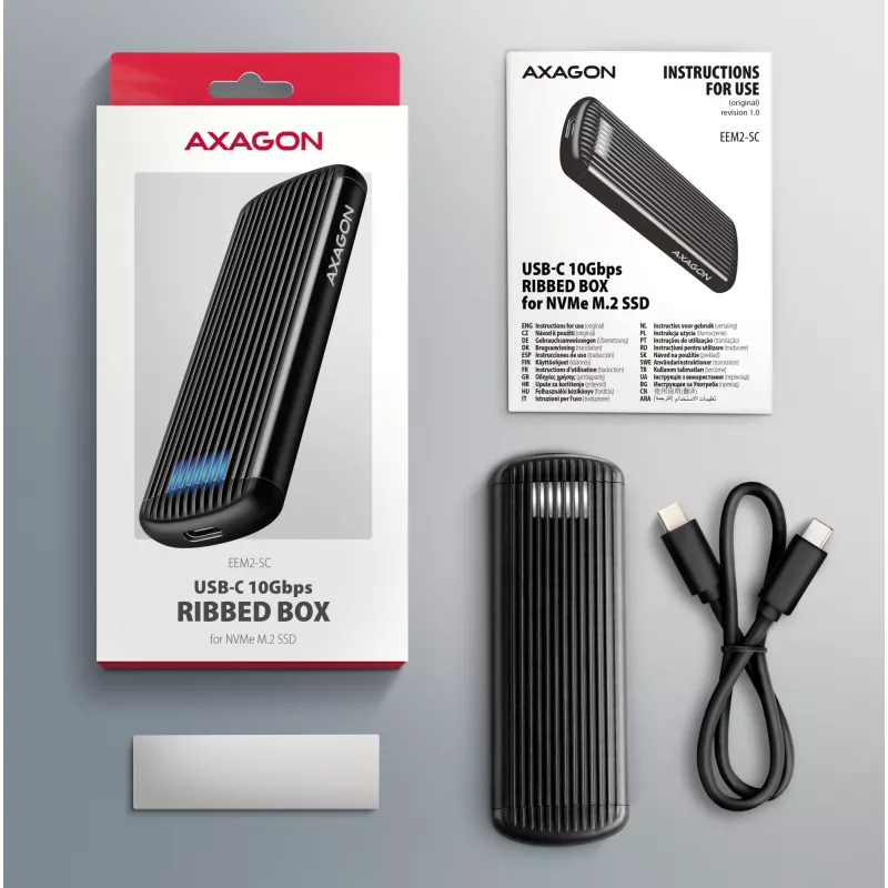 AXAGON EEM2-SC išorinis USB-C 10Gbps besraigtis metalinis M.2 NVMe SSD korpusas, vieno lizdo, pilkas