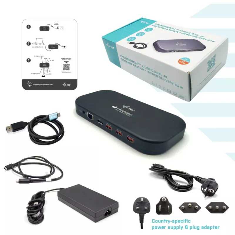 i-tec Thunderbolt 3/USB-C dviguba 4K doko stotelė + USB-C į DisplayPort laidas (1,5 m) + 60W įkrovimas