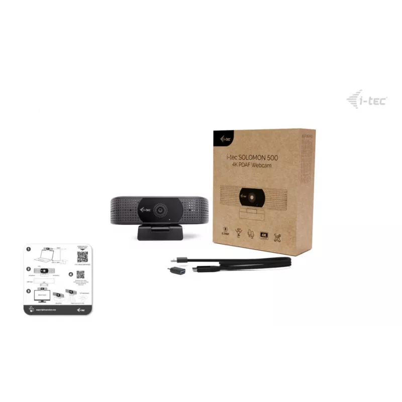 Internetinė kamera ITEC i-tec SOLOMON 500 4K PDAF — 4K Ultra HD, 3840×2160, USB, spaustuvinis laikiklis, juoda