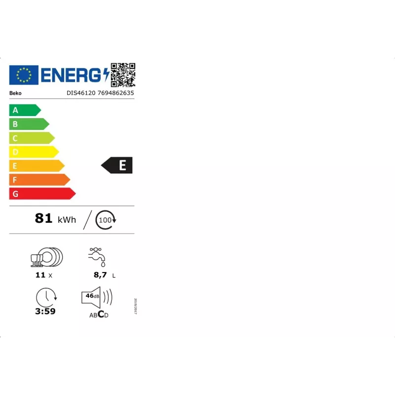 Indaplovė BEKO DIS46120 pilnai įmontuojama siaura 45 cm, 11 komplektų, balta, 46 dB, E energijos klasė