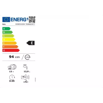 Laisvai pastatoma indaplovė BEKO DVN05320W — pilno dydžio 60 cm, 13 komplektų, 49 dB, 5 programų, E klasė