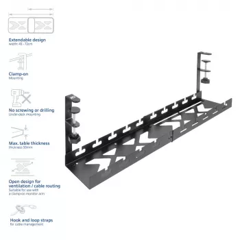 Po stalu montuojamas išplečiamas kabelių latakas ACT 43–72 cm, spaustuvinis tvirtinimas, plienas, 728×130×190 mm, 5 kg