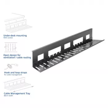Laidų tvarkymo dėklas po stalu ACT 80 cm – plieninis tiesus horizontalus dėklas 800×140×100 mm