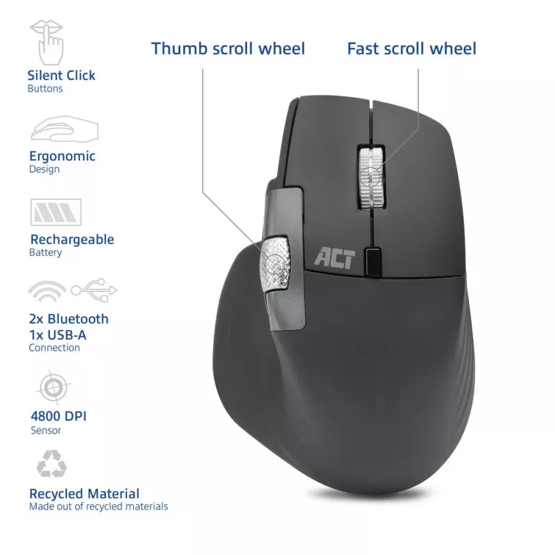 Belaidė lazerinė pelė ACT AC5147 – dešinei rankai, RF + Bluetooth, 4800 DPI, 6 mygtukai, pilka