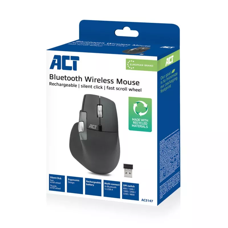 Belaidė lazerinė pelė ACT AC5147 – dešinei rankai, RF + Bluetooth, 4800 DPI, 6 mygtukai, pilka