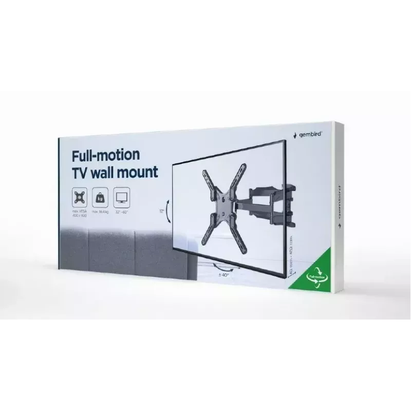 TV laikiklis Gembird WM-60ST-01 32–60 col., VESA 100x100–400x400, iki 36,4 kg, pakreipimas -2°–10°, atstumas nuo sienos 4,2–45,2 cm, juodas