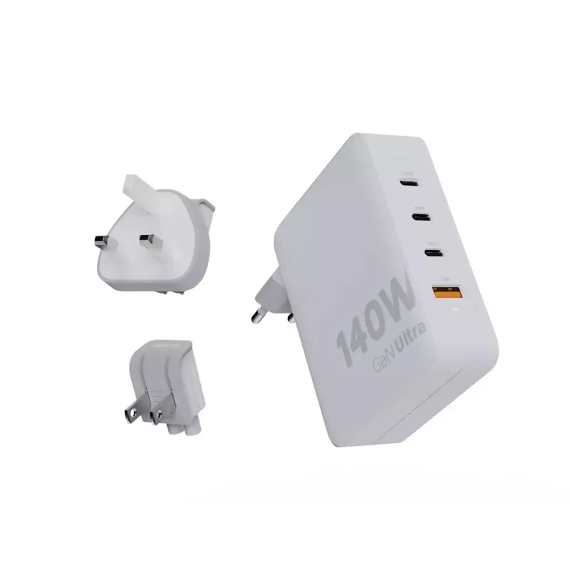 Nešiojamas 140W GaN kelioninis įkroviklis Xtorm XVC2140 su 3× USB-C PD prievadais ir 2 m USB-C laidu, baltas
