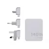 Nešiojamas 140W GaN kelioninis įkroviklis Xtorm XVC2140 su 3× USB-C PD prievadais ir 2 m USB-C laidu, baltas