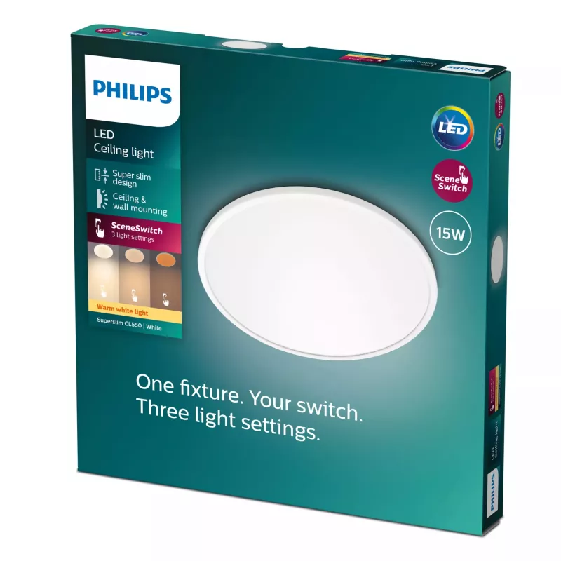 Philips Functional Super Slim lubos šviestuvas 15 W, LED, nekeičiama lemputė, 2700 K, 1300 lm, IP20, Baltas