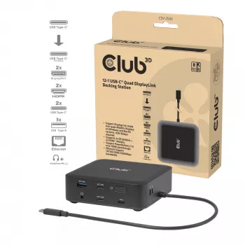CLUB 3D CSV-2542 USB-C keturguba DisplayLink stotelė — 2× DisplayPort 8K60Hz, 2× HDMI 4K60Hz, PD 100W, 2.5G Ethernet