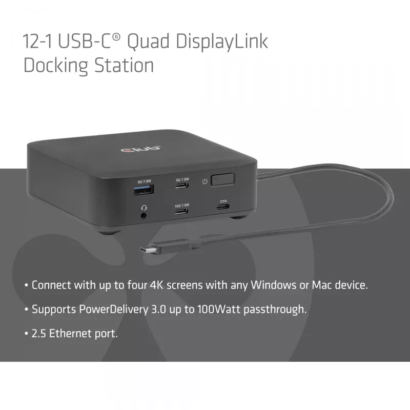 CLUB 3D CSV-2542 USB-C keturguba DisplayLink stotelė — 2× DisplayPort 8K60Hz, 2× HDMI 4K60Hz, PD 100W, 2.5G Ethernet
