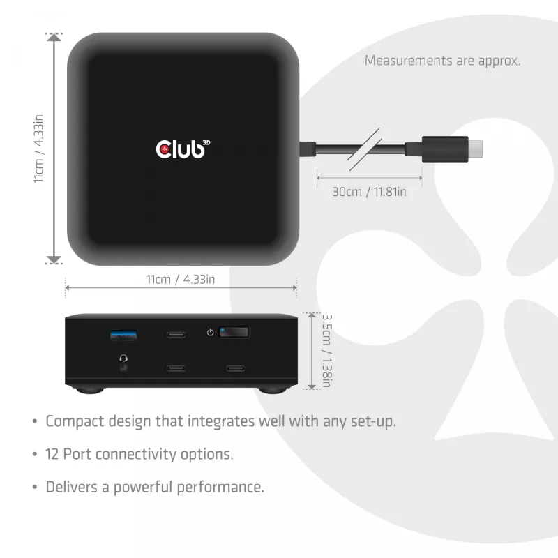CLUB 3D CSV-2542 USB-C keturguba DisplayLink stotelė — 2× DisplayPort 8K60Hz, 2× HDMI 4K60Hz, PD 100W, 2.5G Ethernet
