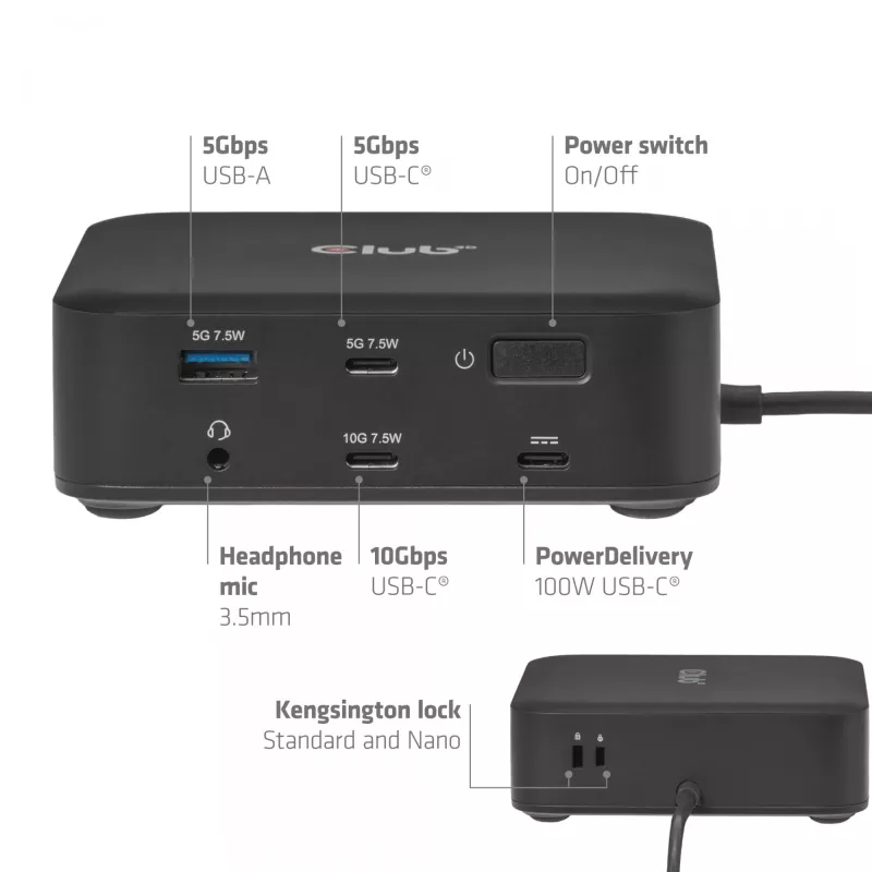CLUB 3D CSV-2542 USB-C keturguba DisplayLink stotelė — 2× DisplayPort 8K60Hz, 2× HDMI 4K60Hz, PD 100W, 2.5G Ethernet