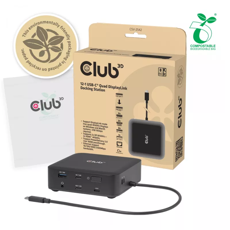 CLUB 3D CSV-2542 USB-C keturguba DisplayLink stotelė — 2× DisplayPort 8K60Hz, 2× HDMI 4K60Hz, PD 100W, 2.5G Ethernet