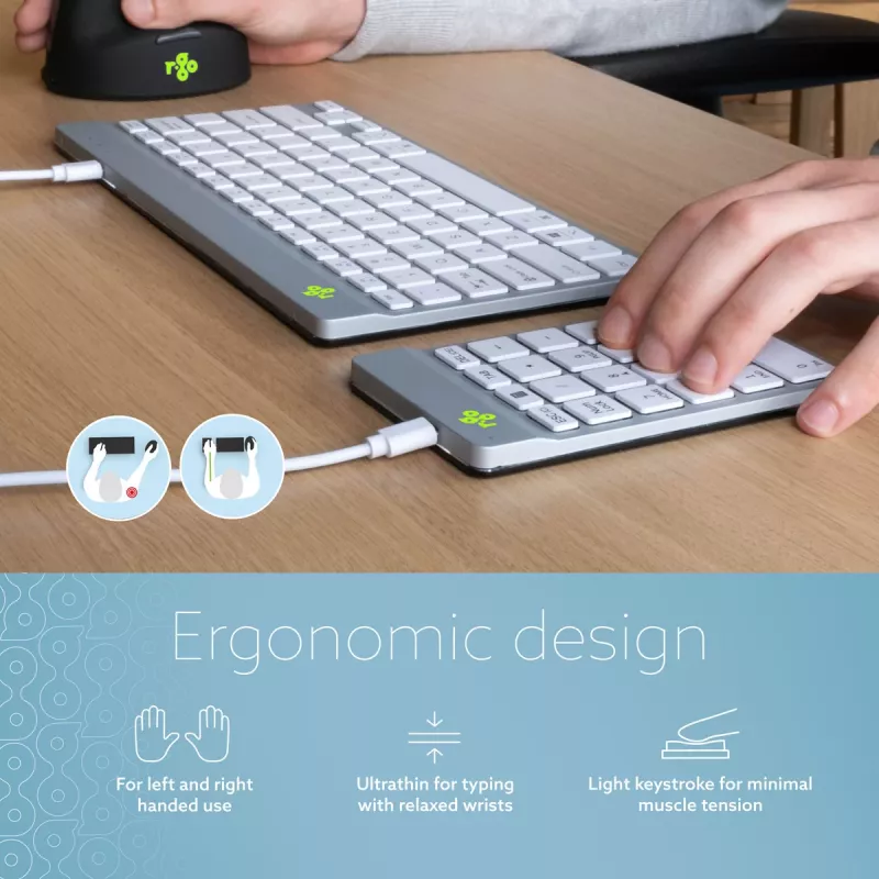 R-Go Tools Numpad Break – ergonomiškas skaičių blokas su pertraukų programine įranga, laidinis, baltas