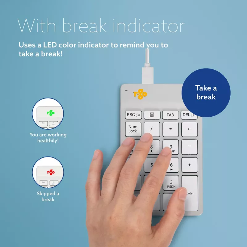 R-Go Tools Numpad Break – ergonomiškas skaičių blokas su pertraukų programine įranga, laidinis, baltas