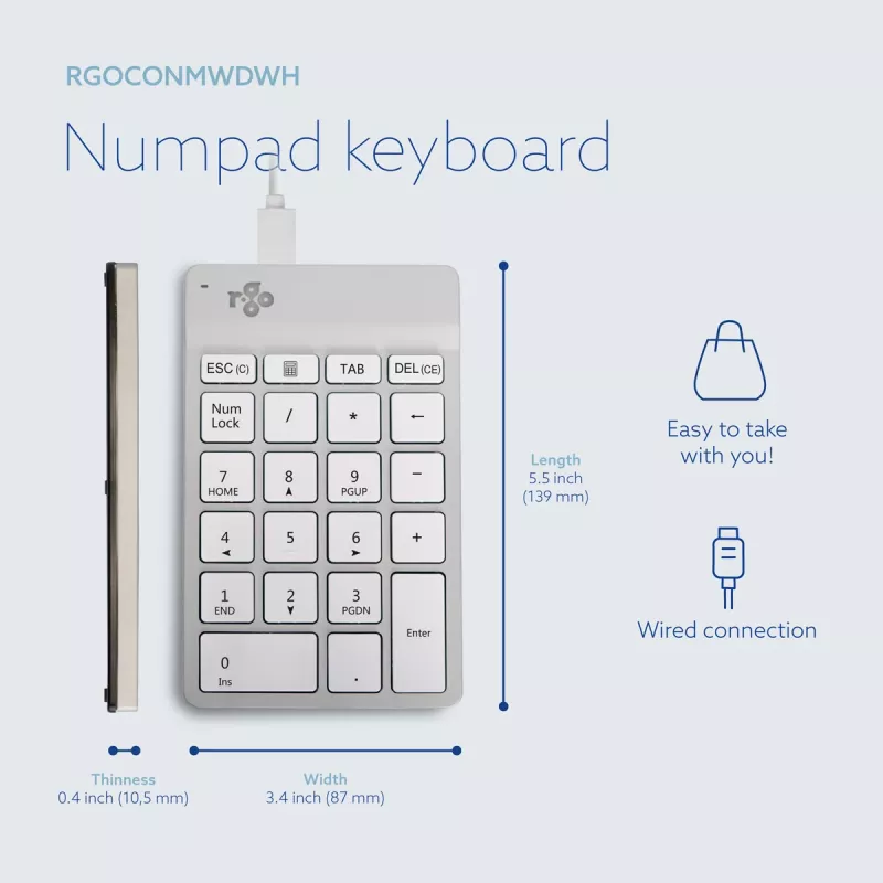 R-Go Tools Numpad Break – ergonomiškas skaičių blokas su pertraukų programine įranga, laidinis, baltas