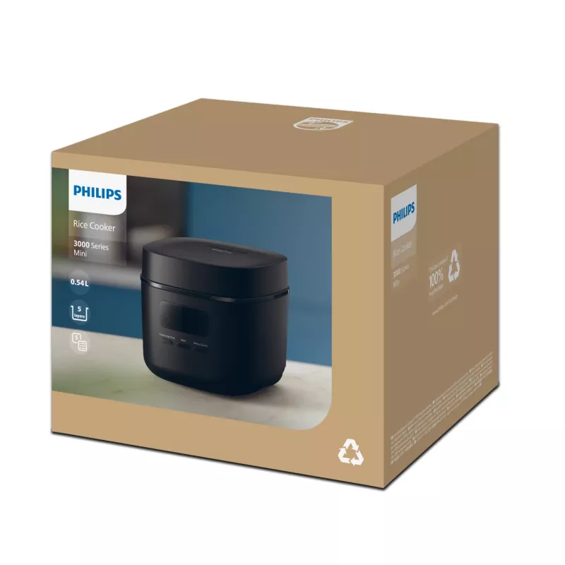 Ryžių virimo aparatas Philips 3000 serijos HD3080/80, 0,54 l, 400 W, juodas, mygtukų valdymas