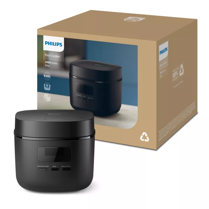 Ryžių virimo aparatas Philips 3000 serijos HD3080/80, 0,54 l, 400 W, juodas, mygtukų valdymas