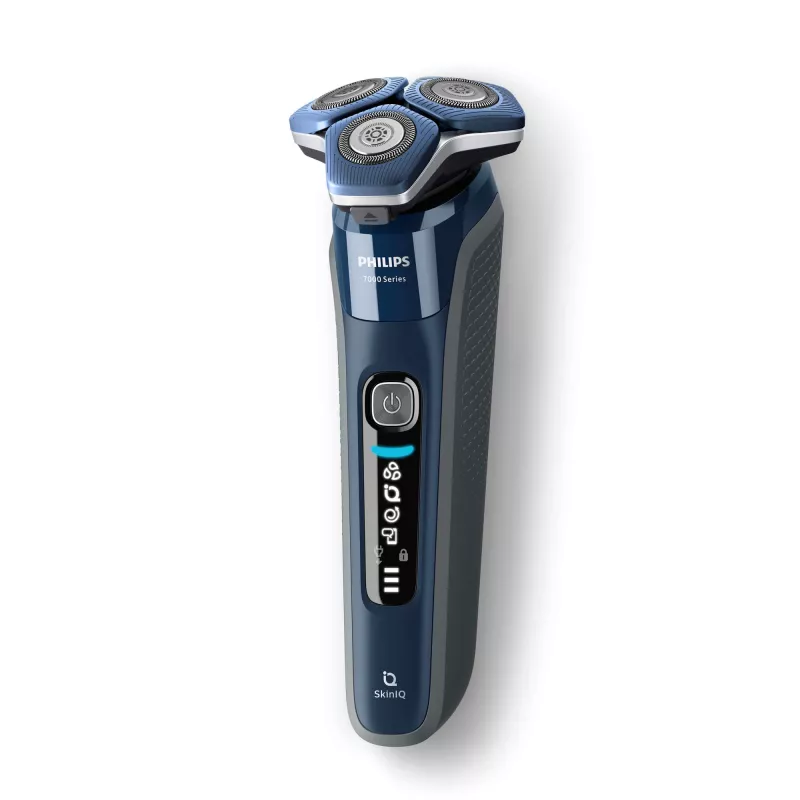 Rotacinis skustuvas vyrams Philips Series 7000 S7885/50 — 3 galvutės, SteelPrecision ašmenys, Li‑Ion USB baterija, trimeris, šlapias ir sausas (Juoda/Mėlyna)
