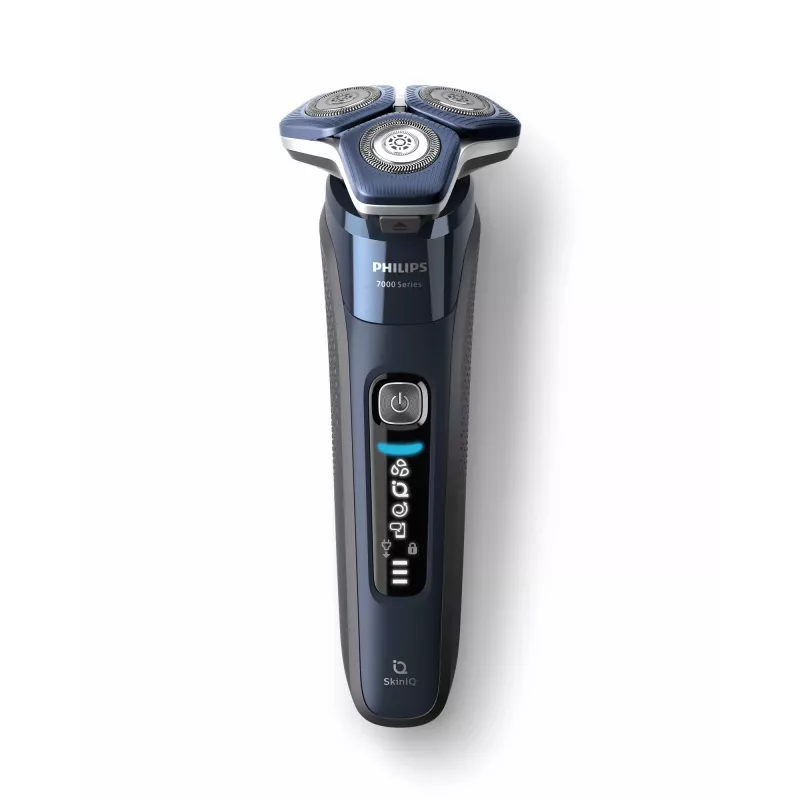 Rotacinis skustuvas vyrams Philips Series 7000 S7885/50 — 3 galvutės, SteelPrecision ašmenys, Li‑Ion USB baterija, trimeris, šlapias ir sausas (Juoda/Mėlyna)