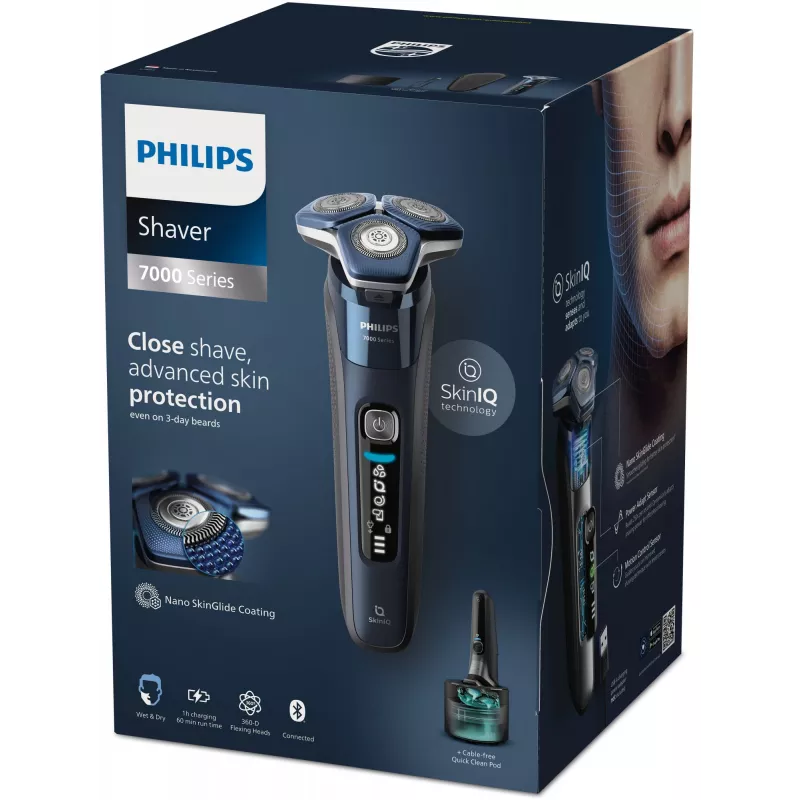 Rotacinis skustuvas vyrams Philips Series 7000 S7885/50 — 3 galvutės, SteelPrecision ašmenys, Li‑Ion USB baterija, trimeris, šlapias ir sausas (Juoda/Mėlyna)