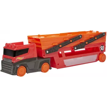 Hot Wheels City Mega Hauler – didžiulis vilkikas su talpa iki 50 automobilių, 1:64 skalė, nuo 3 metų