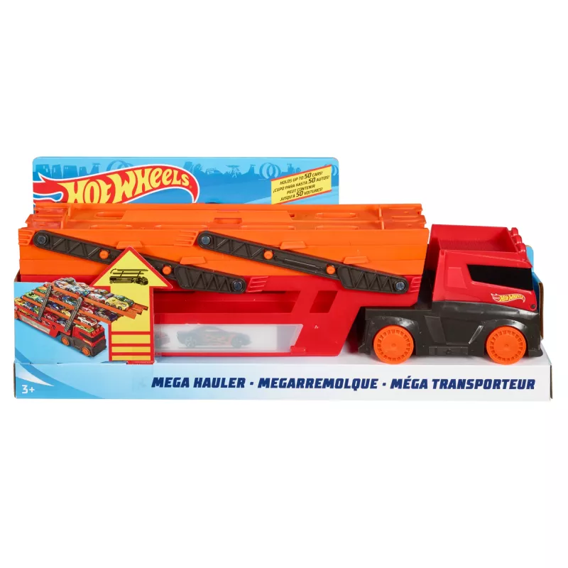 Hot Wheels City Mega Hauler – didžiulis vilkikas su talpa iki 50 automobilių, 1:64 skalė, nuo 3 metų