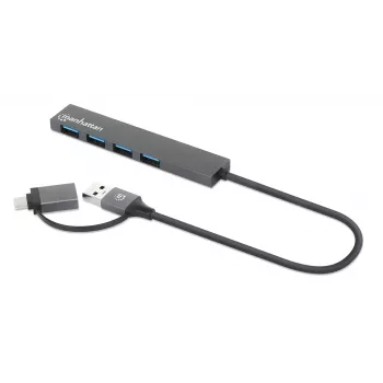 Manhattan USB-C & USB-A jungties dokas / šakotuvas, 4 prievadai: USB-A (x4), 5 Gbps (USB 3.2 Gen1), maitinamas per USB, kabelis 25 cm