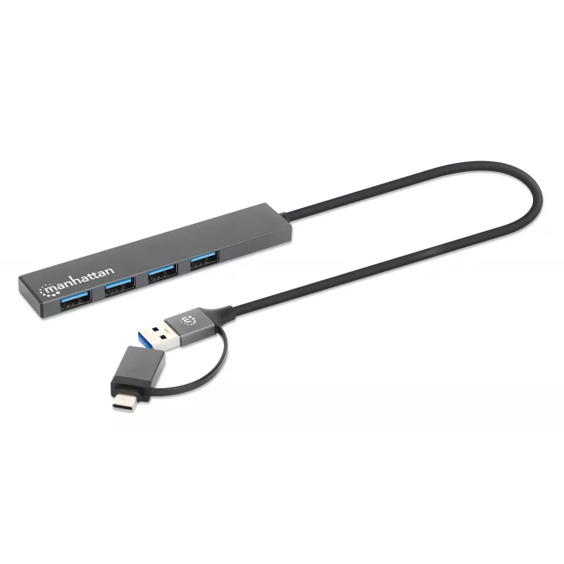 Manhattan USB-C & USB-A jungties dokas / šakotuvas, 4 prievadai: USB-A (x4), 5 Gbps (USB 3.2 Gen1), maitinamas per USB, kabelis 25 cm