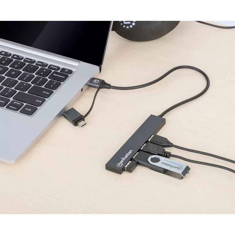 Manhattan USB-C & USB-A jungties dokas / šakotuvas, 4 prievadai: USB-A (x4), 5 Gbps (USB 3.2 Gen1), maitinamas per USB, kabelis 25 cm